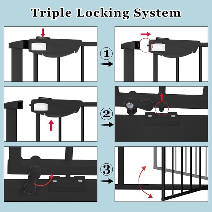 WAOWAO Triple Lock Baby Gate Extra Wide 67.32-72.04" Pressure Mounted Walk Through Swing Auto Close Safety Black Metal Dog Pet Puppy Cat for Stairs,Doorways,Kitchen