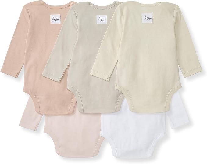 Burt's Bees Baby Bodysuits, Short Sleeve and Long Sleeve One-Pieces, 100% Organic Cotton, Pack of 5