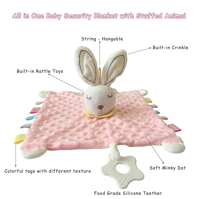 Baby Stuffed Animal Security Blanket with Colorful Textured Tags Soothing Sensory Teether Toy Super Soft Plush Infant Taggy Blanket Minky Dot Lovey Puppy Security Blanket for Nowborn