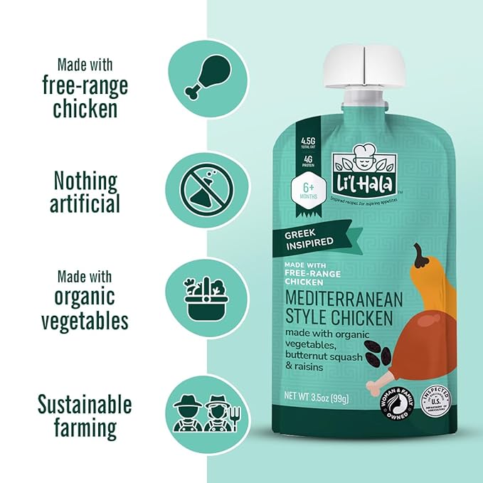 Li’l Hala Baby Food Pouches – 24 Total (2 Flavors) – Free-Range Chicken, Grass-Fed Beef & Organic Veggies – Protein & Healthy Fats – Toddler Meat Puree Meals for 6+ Months – No Hormones – 3.5 oz