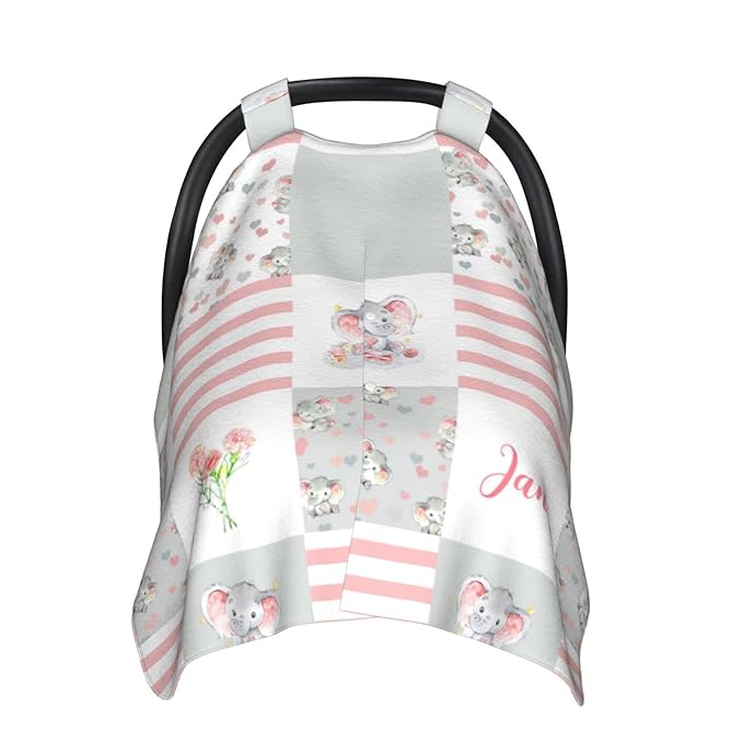 Personalized Floral Elephants Baby Car Seat Canopy for Babies with Name, Custom Car Seat Covers for Girls, Opening Minky Nursing Breastfeeding Cover Infant Carseat Canopies for Newborn