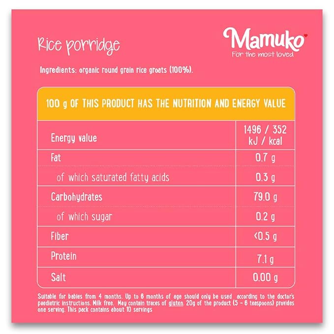 MAMUKO Organic Porridge - Rice porridge with No Added Sugar, Milk & Preservatives - High Fiber porridge Developed with EU Experts - Healthy porridge Ideal for Little Ones from 4+ Months - 2 Pack