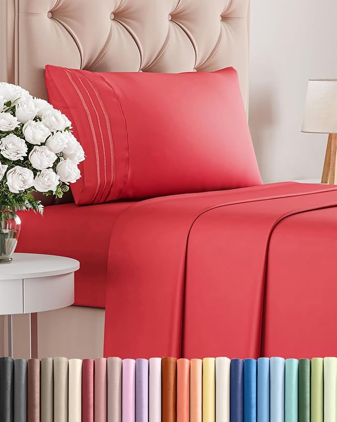 Twin Size 3 Piece Sheet Set - Comfy Breathable & Cooling Bed Sheets Set - Hotel Luxury Bedding for Women, Men, Kids, Teens, Boys and Girls - Deep Pockets, Ultra-Soft & Wrinkle Free - Oeko-Tex - Red