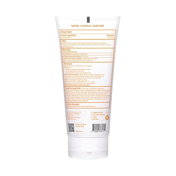 Thinkbaby Mineral Sunscreen, SPF 30 Clear Zinc Oxide Baby Sun Screen, 6 Fl Oz, Natural, Water Resistant, Reef Safe, Vegan, Broad Spectrum UVA/UVB Protection
