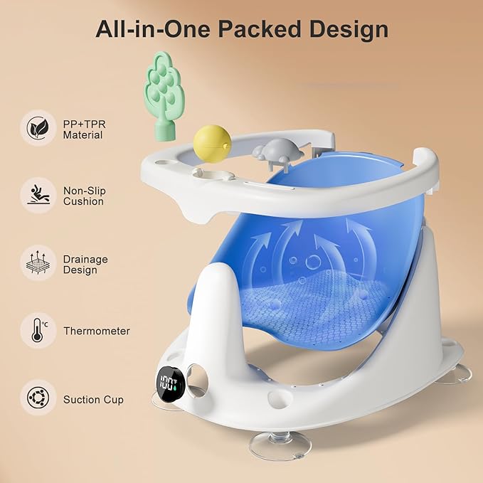 Baby Bath Seat for Babies 6 Months & Up - Bathtub Seats for Babies Sitting Up with Rinse Cup, Non-Slip, Comfortable, Infant Bath Essentials, Blue