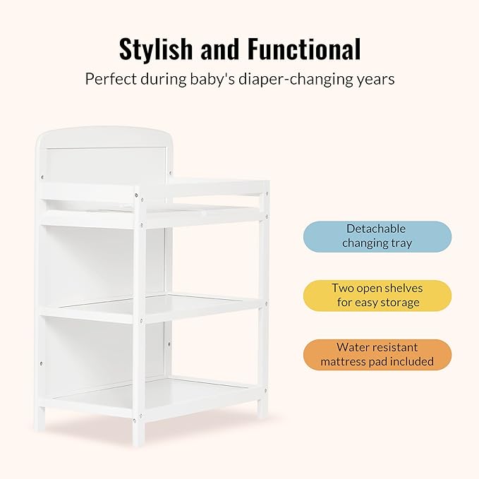Dream On Me Anna 3-in-1 Convertible Full-Size Baby Crib & Changer with Storage in White, GreenGuard Gold & JPMA, Pinewood, Converts to Day & Toddler Bed, 3 Mattress Heights, 1″ Changing Pad