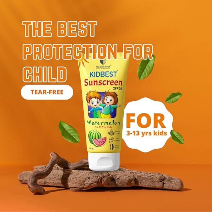 HealthBest Kids Watermelon Cooling Sunscreen SPF-30 Boosts Vitamin D Absorption PA+++ Prevents Tanning Cream for 3-13 Years Kids | Each 100ml (Pack of 1)