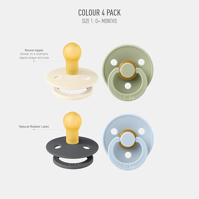 BIBS Color Pacifiers 4-Pack | BPA Free Soother Pacifier | Round Nipple | Natural Rubber Latex | Made in Europe | Size 0-6 Months | Iron Mix