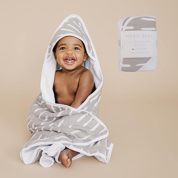 Mebie Baby Muslin Hooded Towel, Grey Dash, Cute Hooded Baby Bath Towel for Newborn, Infant & Toddler, Modern Baby Towels and Washcloths for Boy & Girl, Floral & Pattern Hooded Baby Towels
