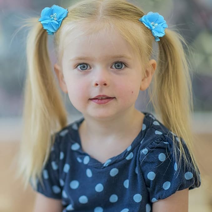 40 Pack Baby Girls Hair Accessories - 2 Inch Handmade Pearl Rhinestone Chiffon Flower Soft Elastics Ponytail Holders for Newborns to Kids