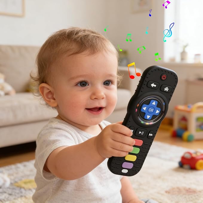 Fu Store Silicone Baby Teether Toys for 0-12 Momths 3-24 Months Infant Toddlers TV Remote Control Rattle Teethers for Babies Chew Toys Teething Relief Soothe Babies Gums, Black