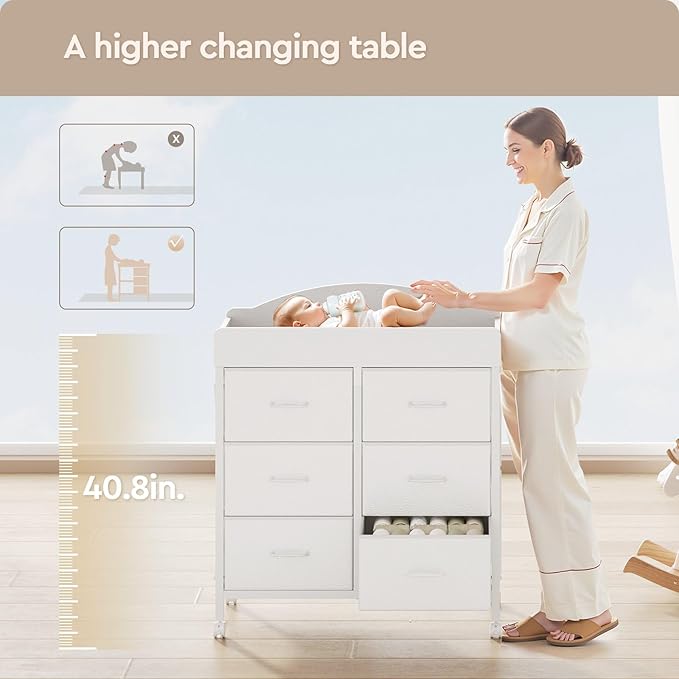 Baby Changing Table Dresser with Wheels, 6-Fabric Drawer Baby Dresser with Changing Table Top, Waterproof Diaper Changing Station & Pad, Mobile Storage Unit, Compact Baby Furniture, White