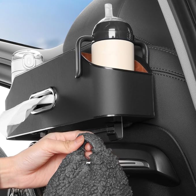 New car headrest Rear seat Multifunctional Storage Box, partition Design, with Cup Holder, Tissue Box, headrest Hook, Suitable for Children and Adults, car Travel Accessories (Black)