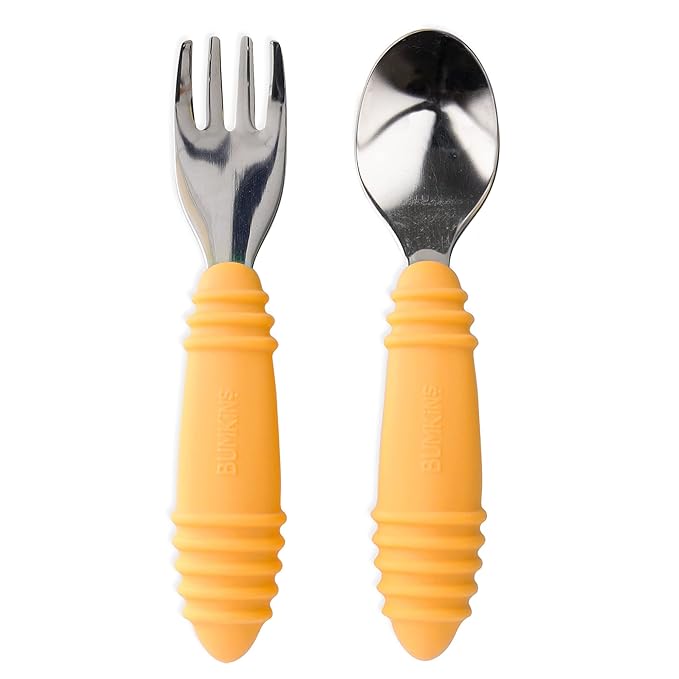Bumkins Toddler Utensils, Kids Size Fork and Spoon Set, Silicone and Stainless-Steel Training Silverware, Angled Forks / Sporks for Self-Feeding, Children Learning to Eat, 18 Mos Up, Tangerine Orange