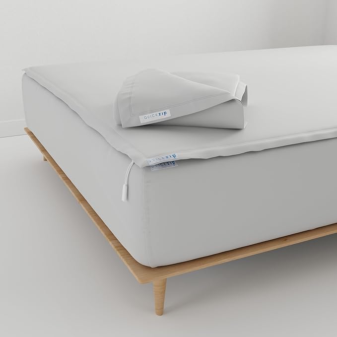QuickZip Fitted Plus Spare Bundle: 1 Fitted Sheet (Base + Zip Sheet) & 1 Zip Sheet - Easy to Change, Won’t Pop Off - Soft Percale 400 TC 100% Cotton - 15” Deep Pockets Twin Size Sheets – Misty Gray
