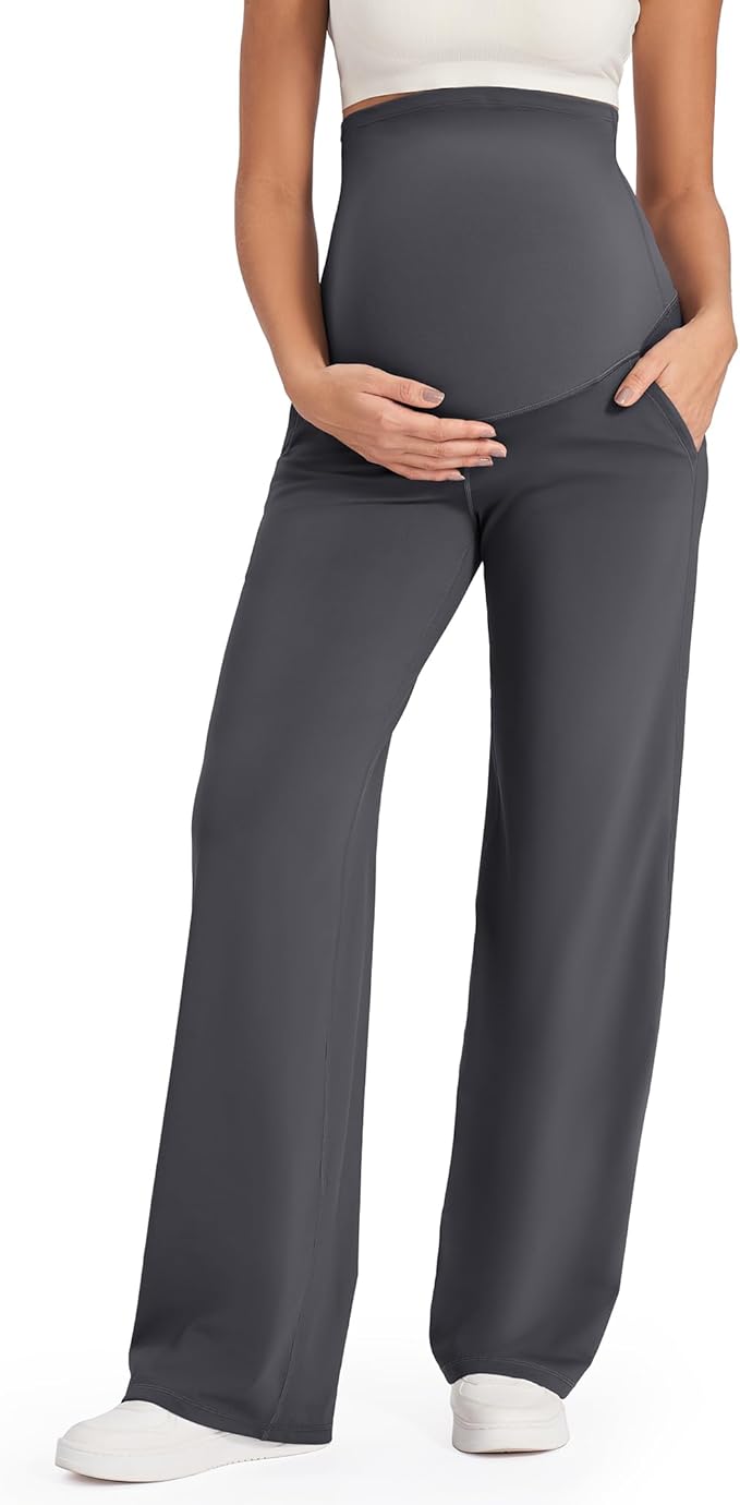 G4Free Maternity Pants Over The Belly Yoga Dress Work Pregnancy Pants Stretchy Lounge Wide Leg Trousers with Pockets