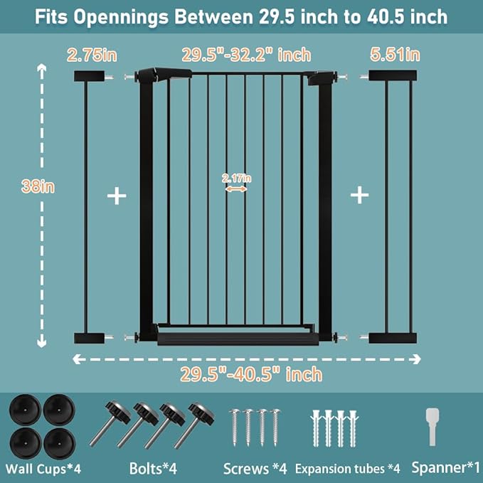 Fairy Baby 38" Extra Tall Baby Gate for Stairs Doorways, Fits Openings 29.5" to 40.5" Wide, Auto Close Extra Wide Dog Gate Indoor for House, Metal Pressure Mounted Safety Child Gate for Pets, Black
