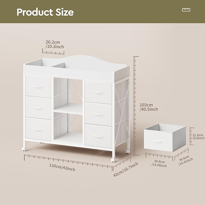Changing Table, 6-Drawer Baby Dresser with Changing Table top, Waterproof Diaper Changing Station & Pad, 2 Height-Adjustable Open Storage Shelves, Mobile Nursery Organizer, White