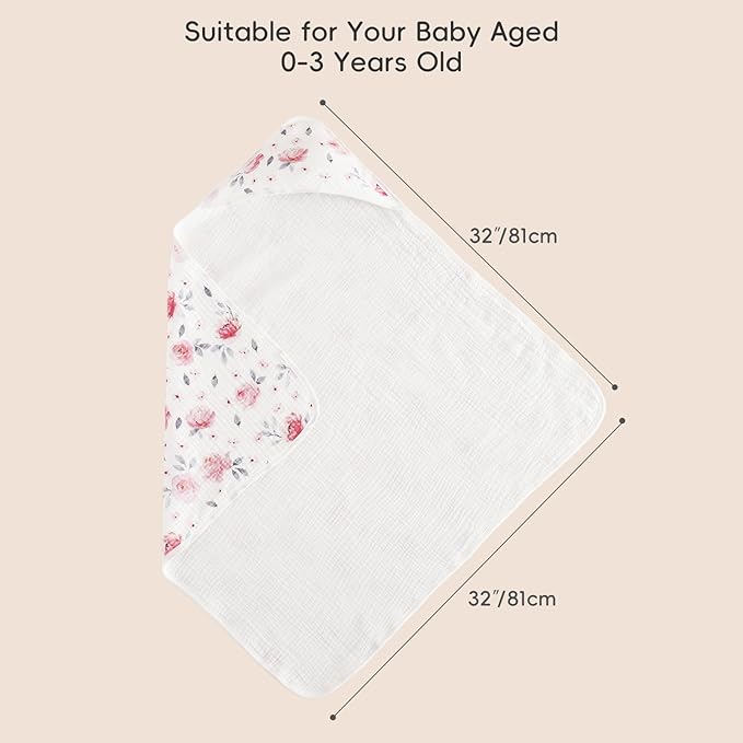 PHF 100% Muslin Cotton Baby Hooded Towels, 2 Pack Bath Towel with Hood for Newborn, Infant, Toddler, Ultra Soft and Absorbent Baby Bath Essentials, Shower Gifts for Girls, 32x32Inch, Pink Floral