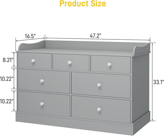 Vabches Kids Dresser Cabinet with 7 Drawers, Changing Table for Nursery, White Chest of Drawers, Baby Dresser, Kids Bedroom Furniture, Nightstand for Child’s Room,Light Grey