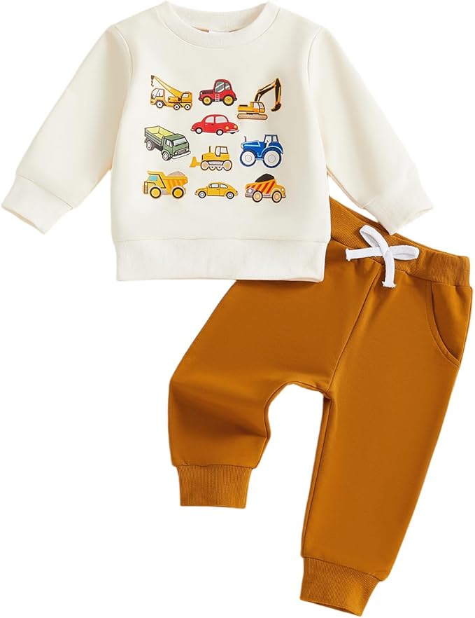 Fernvia Toddler Baby Boy Clothes Set 2T 3T 4T 5T Truck Excavator Print Long Sleeve Sweatshirt Elastic Pants Fall Outfits