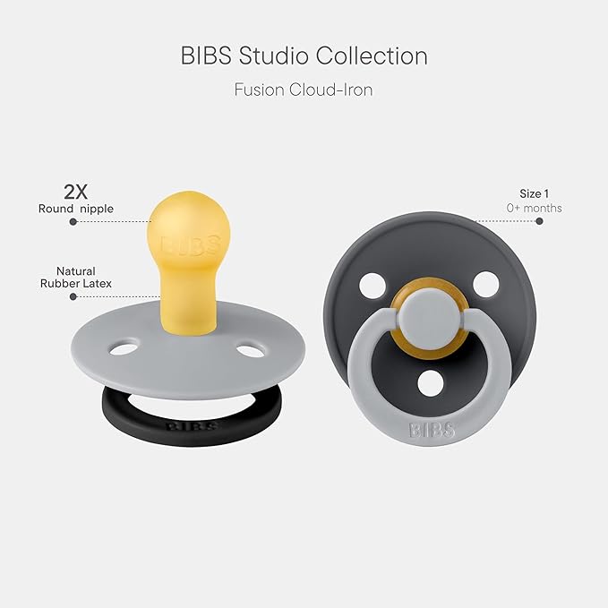 BIBS Colour Studio Pacifier 2-Pack, BPA Free, Round Nipple. Natural Rubber Latex, Made in Denmark, Size 1 (0-6 Months) - Cloud/Iron
