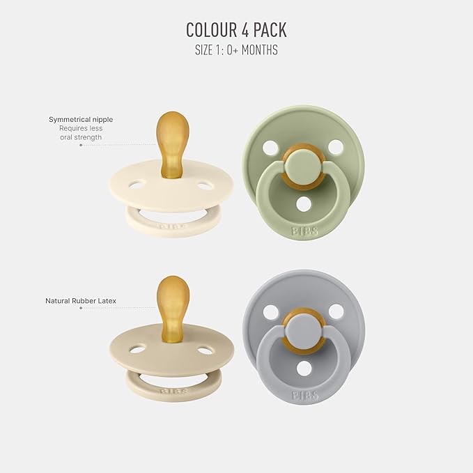 BIBS Colour Pacifier with Symmetrical Nipple| Natural Rubber Baby Pacifier | Set of 4 BPA-Free Soothers | Made in Denmark | Cloud Mix | Size 0-6 Months