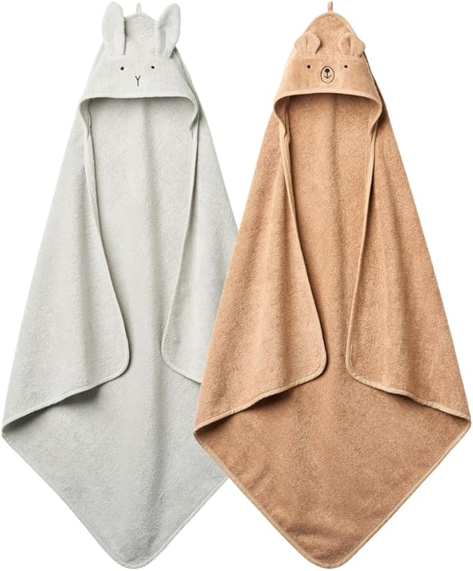 Baby Hooded Towel – Organic Cotton Baby Bath Towels, 32" x 32" Super-Soft and Absorbent Baby Towels for Newborn 2-Pack (Rabbit Grey/Bear Natural)