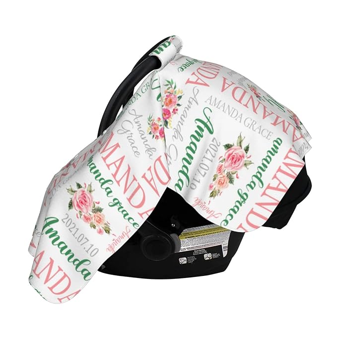 Personalized Monogram Flower Baby Car Seat Canopy for Babies with Name, Custom Car Seat Covers Boys Girls, Peekaboo Opening Minky Nursing Breastfeeding Cover Infant Car Seat Canopies for Newborn