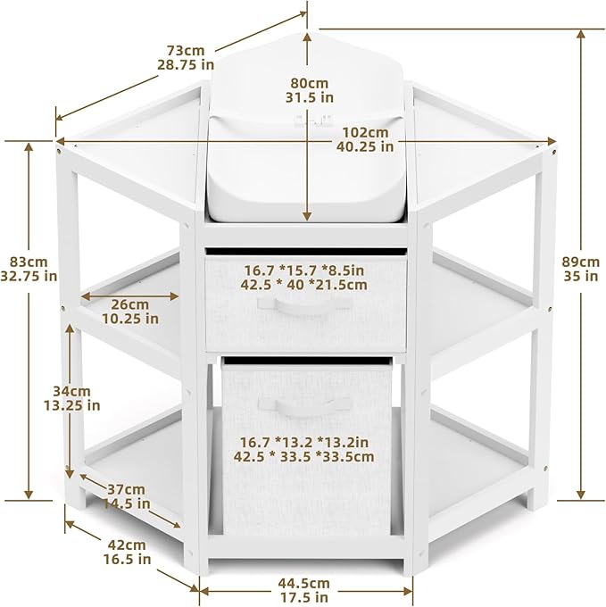 KORIMEFA Changing Table with Drawers, Corner Baby Diaper Changing Station with Laundry Hamper, Storage Bin, and Contoured Pad for Baby - White
