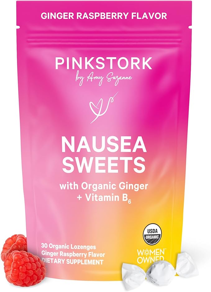 Pink Stork Organic Ginger Raspberry Sweets with Vitamin B6 for Morning Sickness and Motion Sickness, Added Ginger & Vitamin B6, 1st Trimester Pregnancy Must Haves - 30 Wrapped Candies