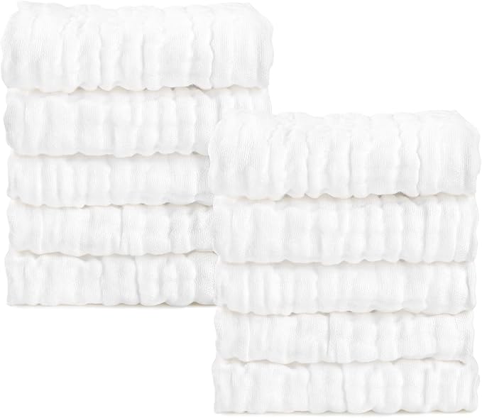 AIDEA Baby Washcloths and Burp Cloths, Absorbent Cotton Muslin Baby Towels, Large Soft Breathable Newborn Essentials for Boys and Girls, Newborn Essentials, White-10 Pack, 10"x10"