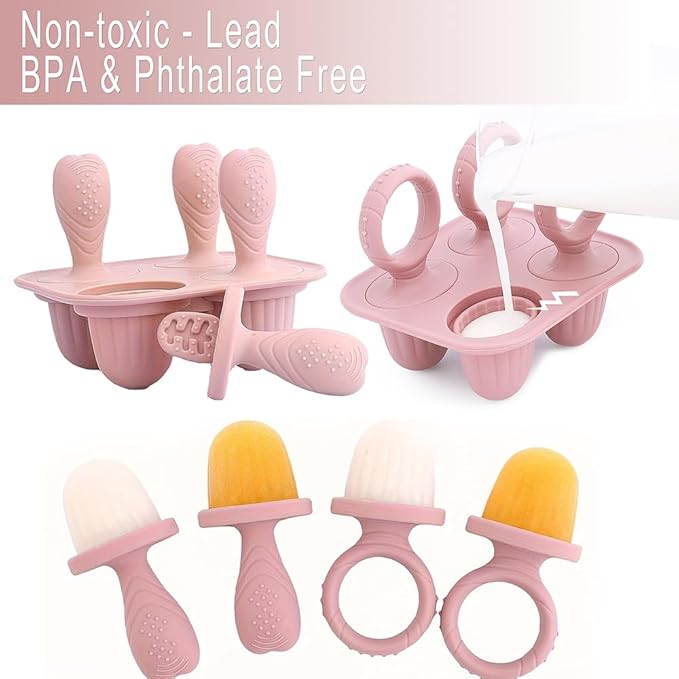 Silicone Popsicle Molds, Mini Breastmilk Popsicle Molds with Sticks, Frozen Breast Milk Teether Popsicle Maker Ice Pop Molds for Infant Feeding Spoon (2Set-Light pink)