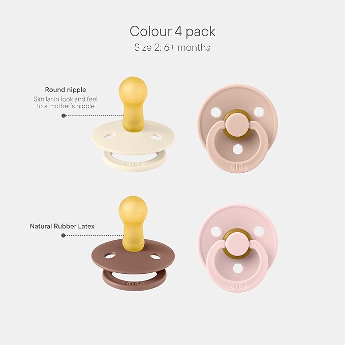 BIBS Pacifiers - Colour 4-Pack | BPA Free Baby Pacifier | Round Nipple Binkies | Natural Rubber Latex Soother | Made in Denmark | Size 6-18 Months | Blush Mix