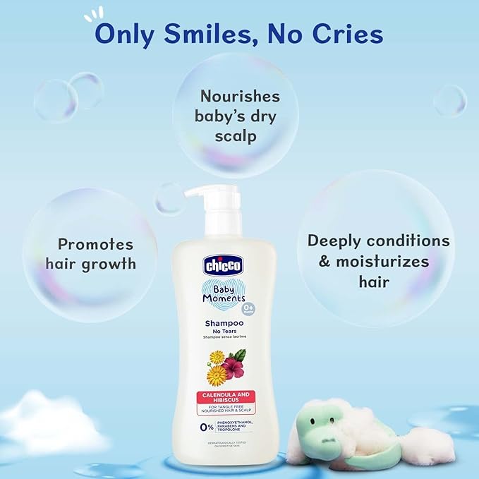 Chicco Baby Moments Shampoo for Babies, 200 ml, Calendula & Hibiscus, No Tears, Soft & Smooth Hair