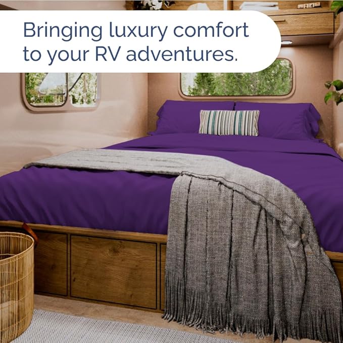 RV Short Queen Sheet Set 60 X 75 - 4 Piece RV Short Queen Bed Sheets - Soft, Breathable & Cooling - Designed for Bunks, Trailers and Campers - Fits 8” to 12" Mattress - Hotel Luxury Bedding - Purple
