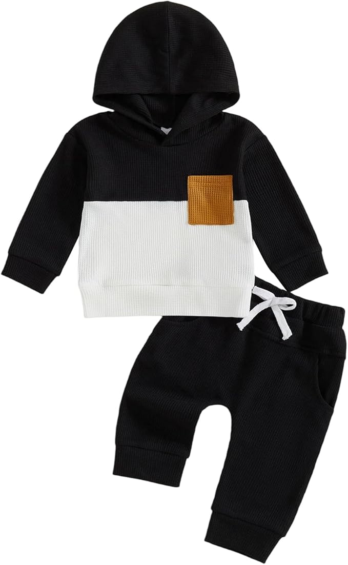 Toddler Baby Boy Hoodies Fall Clothes Waffle Contrast Color Sweatshirt Pant Set Infant Clothes 6 12 18 Months 2T 3T