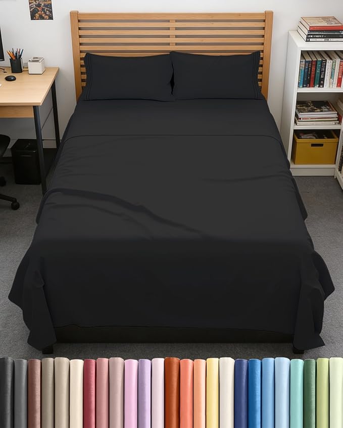 Full XL Bed Sheet Set - 4 Piece Extra Long Extended Full XL Sheets - Ultra-Soft, Breathable & Cooling - Fits 8” to 16" Mattress w/ Deep Pockets - 54" x 80" - Easy-Fit, Wrinkle & Fade Resistant - Black