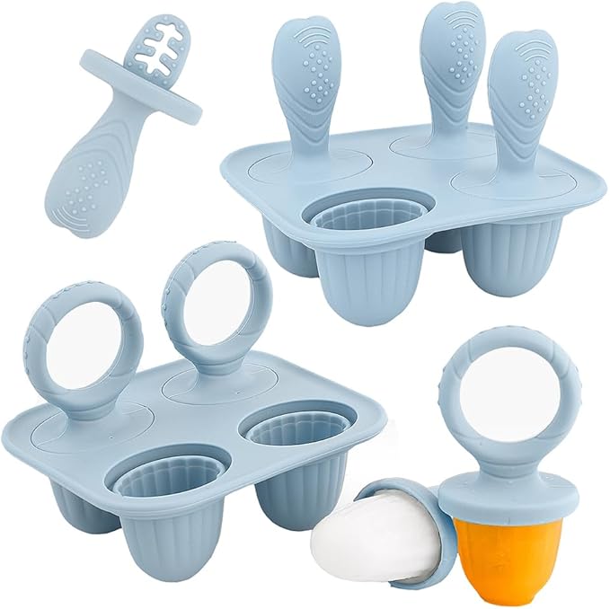 Silicone Popsicle Molds, Mini Breastmilk Popsicle Molds with Sticks, Frozen Breast Milk Teether Popsicle Maker Ice Pop Molds for Infant Feeding Spoon (2Set-Blue)