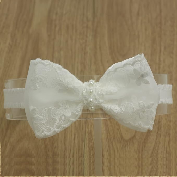 White Baby Bow Headband for Baptism Christening Satin Lace Hair Band with Cross for Toddler (Embroidery Lace +pearl white bow-3, 0-6 months)