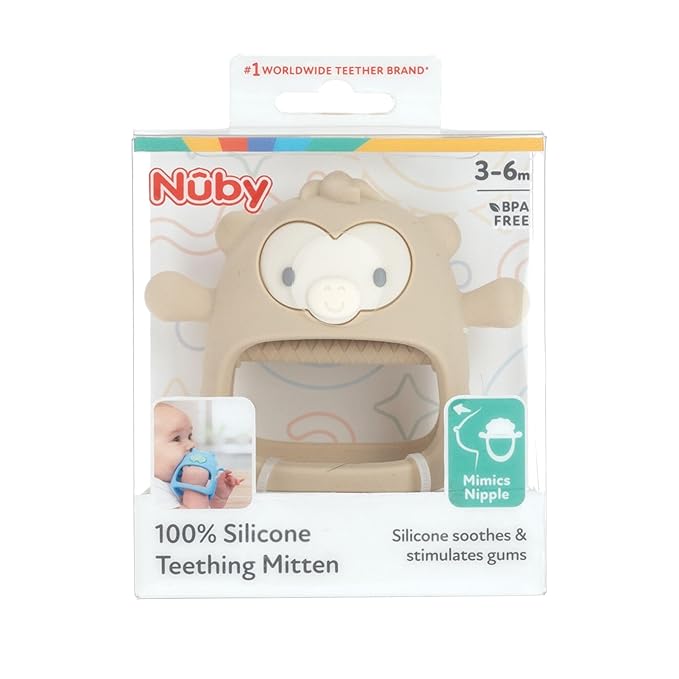 Nuby Silicone Wrist Teething Mitten - Baby Teether Ring - 3+ Months - Provides Teething Relief for Babies and Toddlers - Brown Monkey