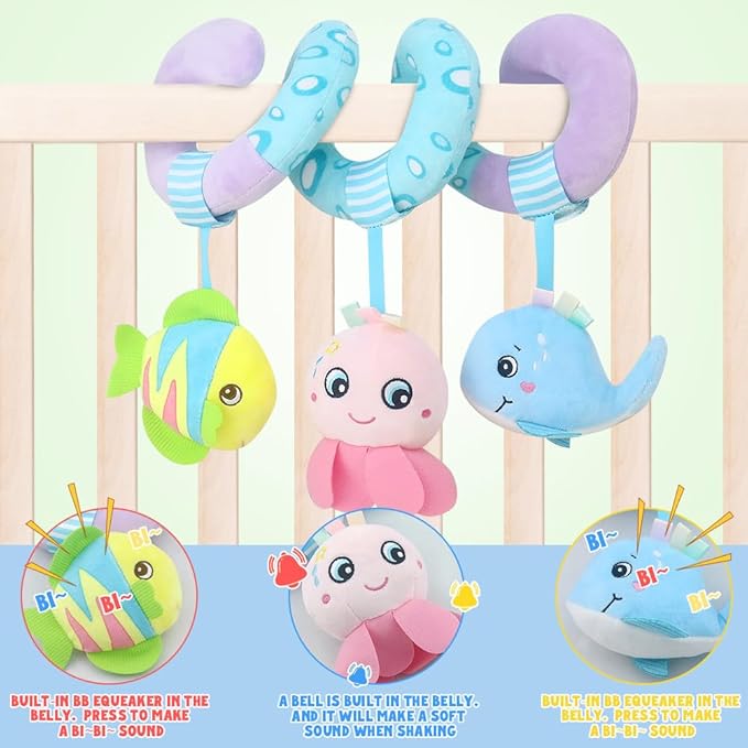 Caterbee Baby Stroller Toy, Activity Spiral Plush bar Toy Accessories, Car Seat Toys with Bell for boy or Girl 0 Months+ (Ocean)