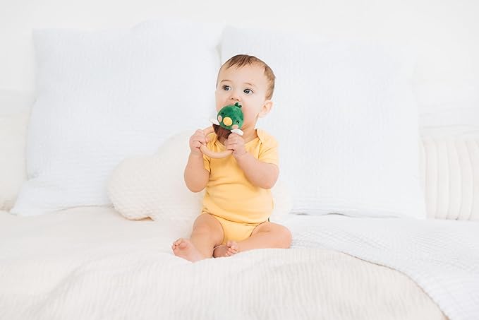 Pearhead Mallard Duck Wooden Teething Ring, Soft Plush Lovey Baby Teether, Natural Wood Infant Rattle Toy for Teething Relief, BPA-Free Newborn Teether Ages 0m+