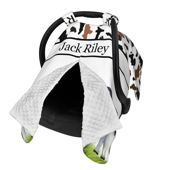 Personalized Baby Boy Car Seat Canopy for Babies, Custom Name Baby Car Seats Cover for Boy, Cow Opening Minky Nursing Breastfeeding Covers for Infant, Carseat Canopies for Newborn