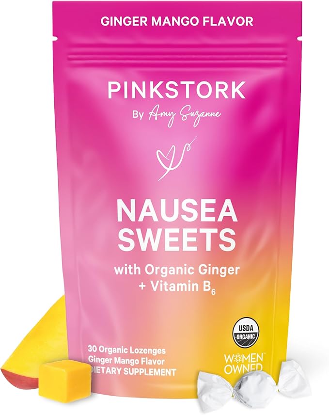 Pink Stork Organic Mango Sweets with Vitamin B6 for Morning Sickness and Motion Sickness, Added Ginger & Vitamin B6, 1st Trimester Pregnancy Must Haves - 30 Wrapped Candies