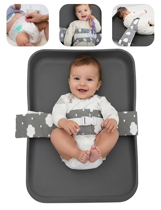 Baby Changing Pad Strap - Cotton Soft Skin-Friendly, Adjustable & Secure Anti-Slip Belt for Infants 0-24 Months, Universal Fit for Changing Pads & Tables, Easy-Clean & Portable (Grey)