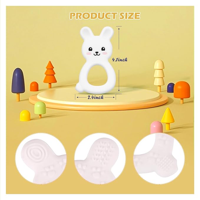 Baby Bunny Teether, Food-Grade Silicone Toy for Infants 3–12 Months, Easy-Grip Chew Toy with Textured Ears for Sensory Exploration, Freezable & Dishwasher Safe (White)