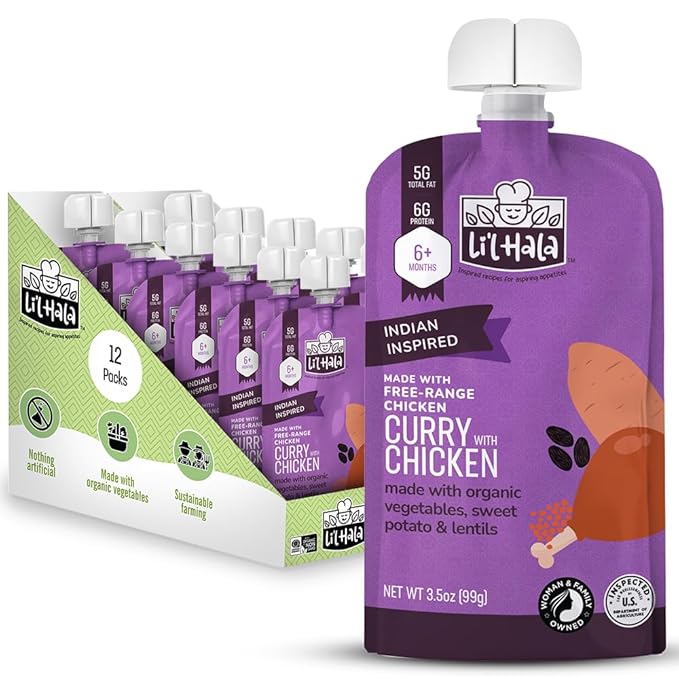 Li'l Hala Foods - Baby Meat Pouches - Chicken Curry (12 Pack) | | Baby Food Purees with Protein, Healthy Fats & Fiber from Real Meat & Organic Veggies | 6+ Months Baby Meals