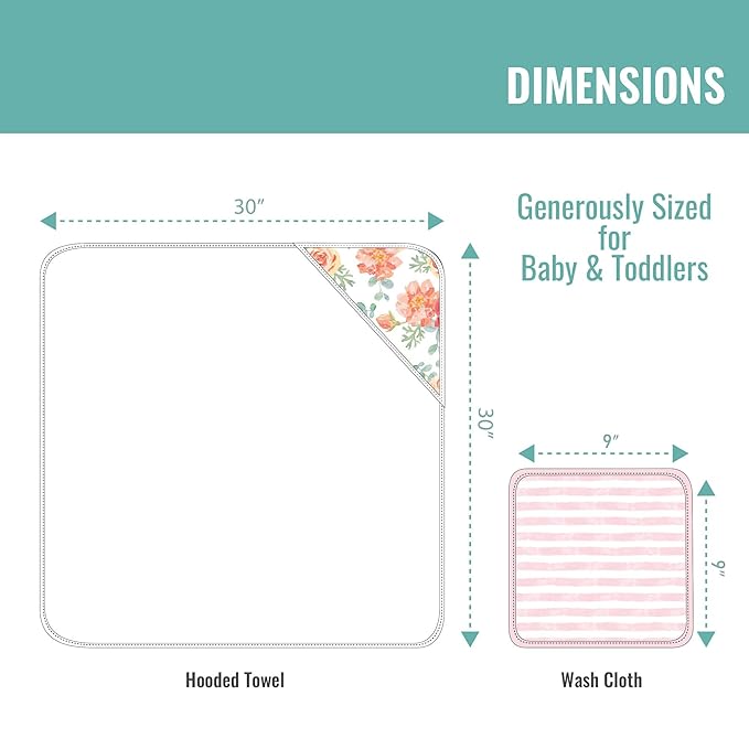 Featherhead™ 5-Piece 100% Cotton Muslin Hooded Bath Towel & Washcloths Set for Baby Girl - Ultra Soft and Extra Absorbent - Newborn Essential & Perfect Baby Registry Gift (Garden Floral)