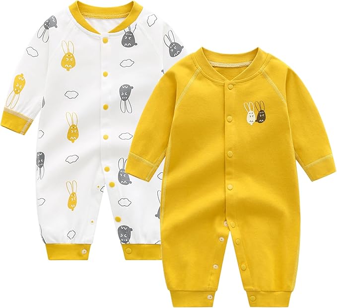 Newborn Baby Boys 2 Pack Cotton Romper Outfits Infant Long Sleeve One-Piece Toddler Button Jumpsuits